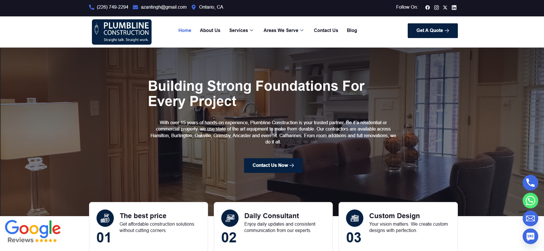 Plumbline Construction website screenshot